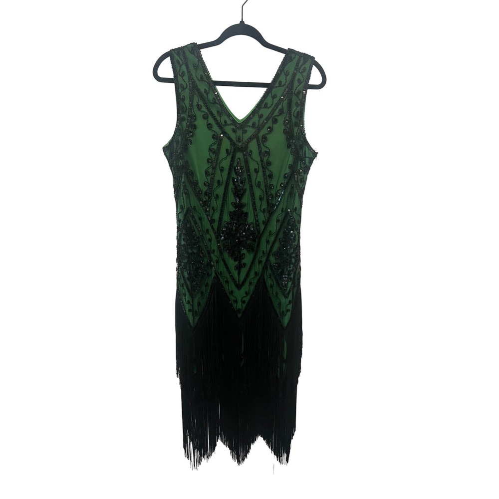 PrettyGuide Green Black Sequin Fringe Flapper Dress 1920s Gatsby Style L (1098)